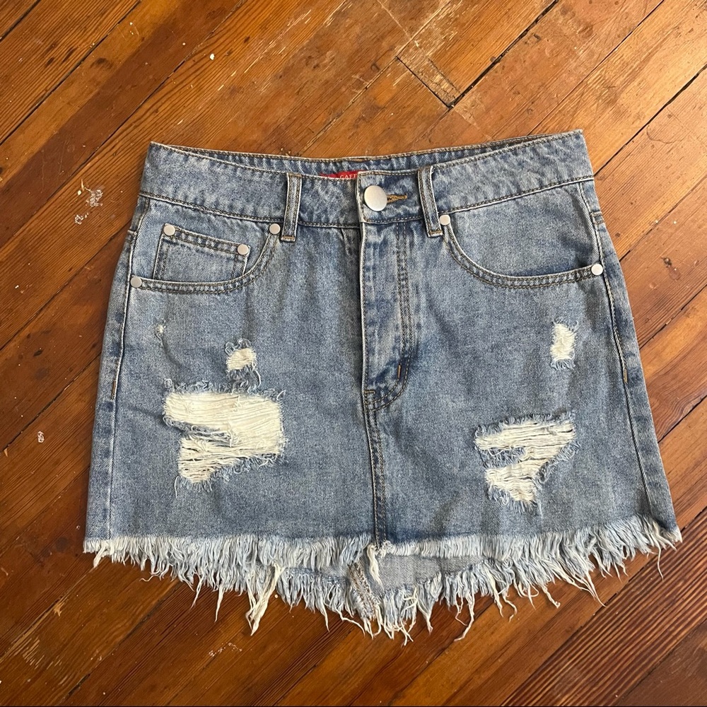Distressed denim skirt